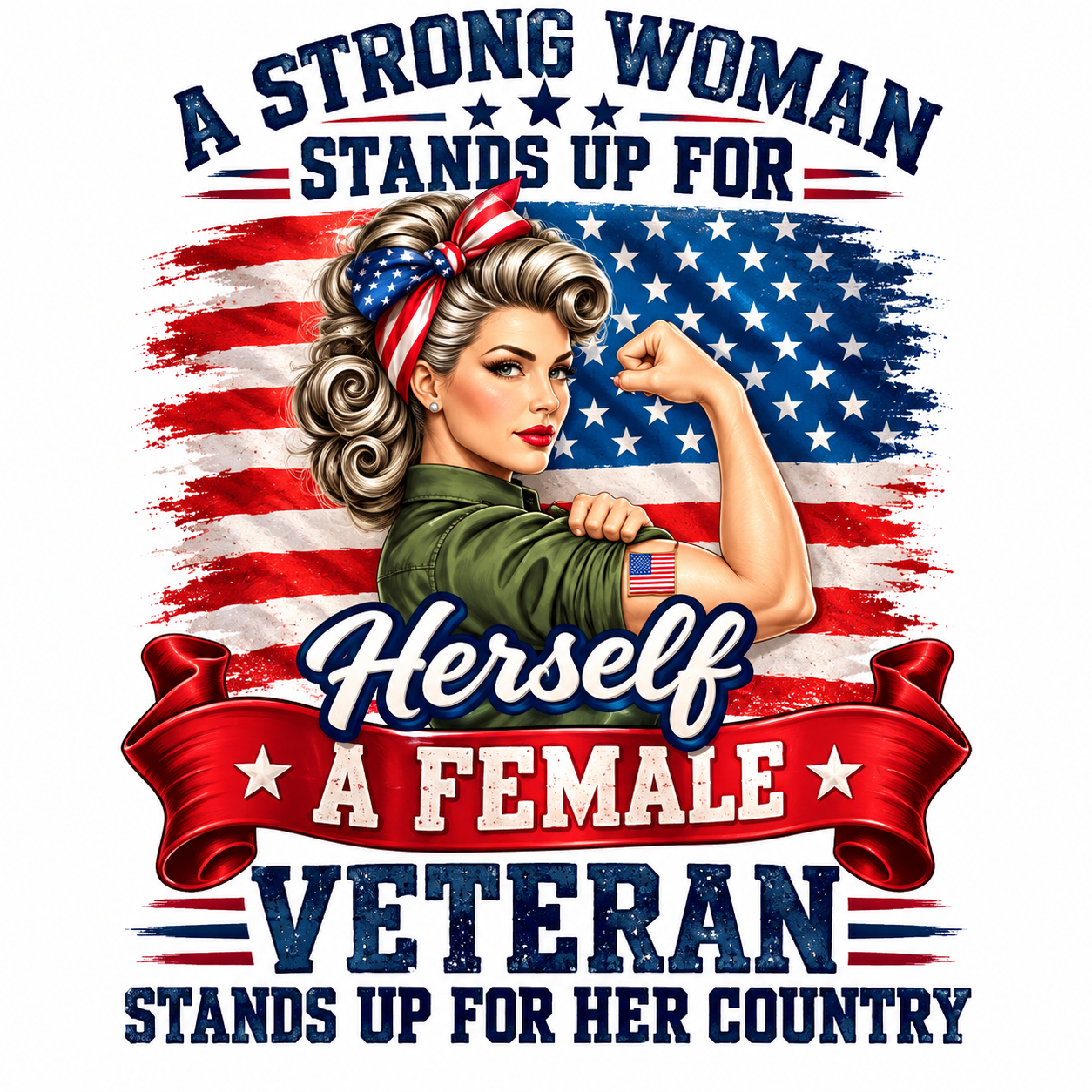A strong woman with blonde curls and patriotic headscarf in front of the American flag