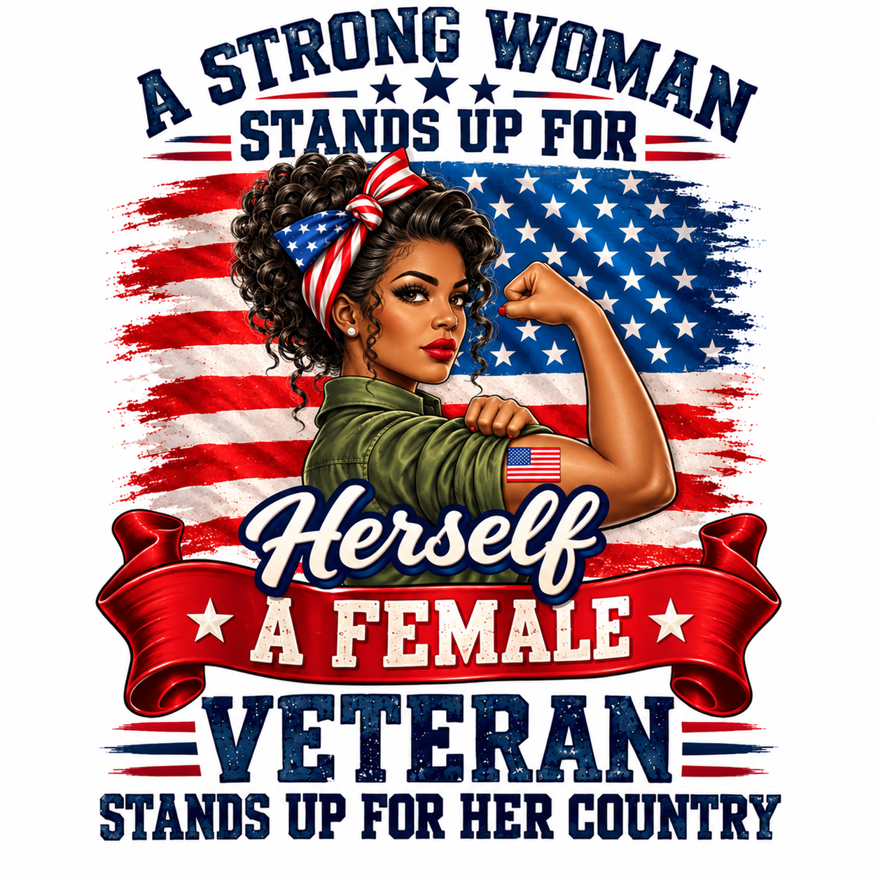 A strong Black woman with curly hair and patriotic headscarf in front of the American flag