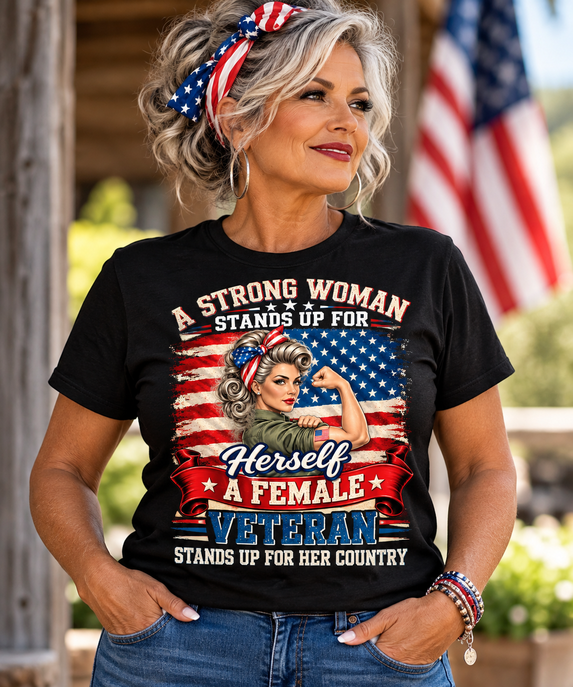 Older woman wearing the Strong Woman Veteran design on a black T-shirt