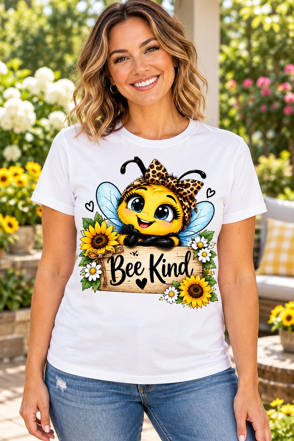 Woman in a white T-shirt featuring the Bee Kind Sunflower Sweetheart bee with a leopard bow, sunflowers and daisies