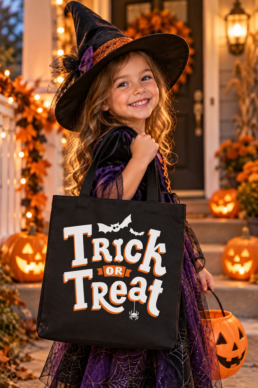 Smiling child dressed as a witch for Halloween carrying a black Trick or Treat tote bag beside glowing jack-o-lanterns