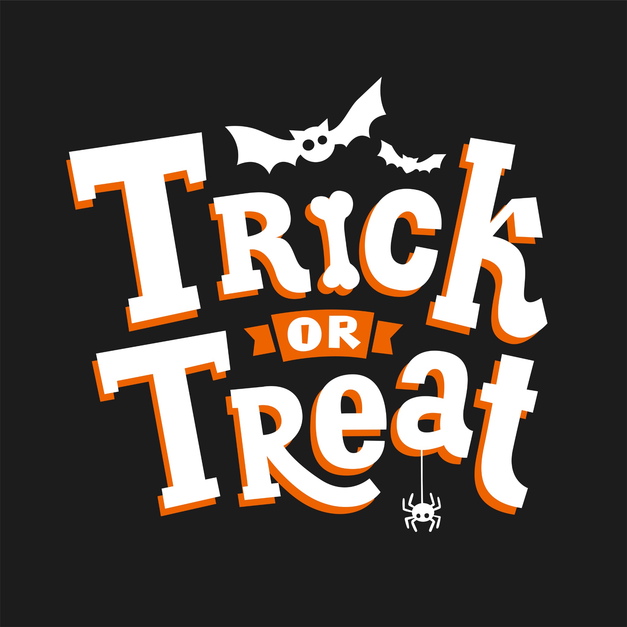 White and orange Trick or Treat lettering with bats and a spider on a dark background