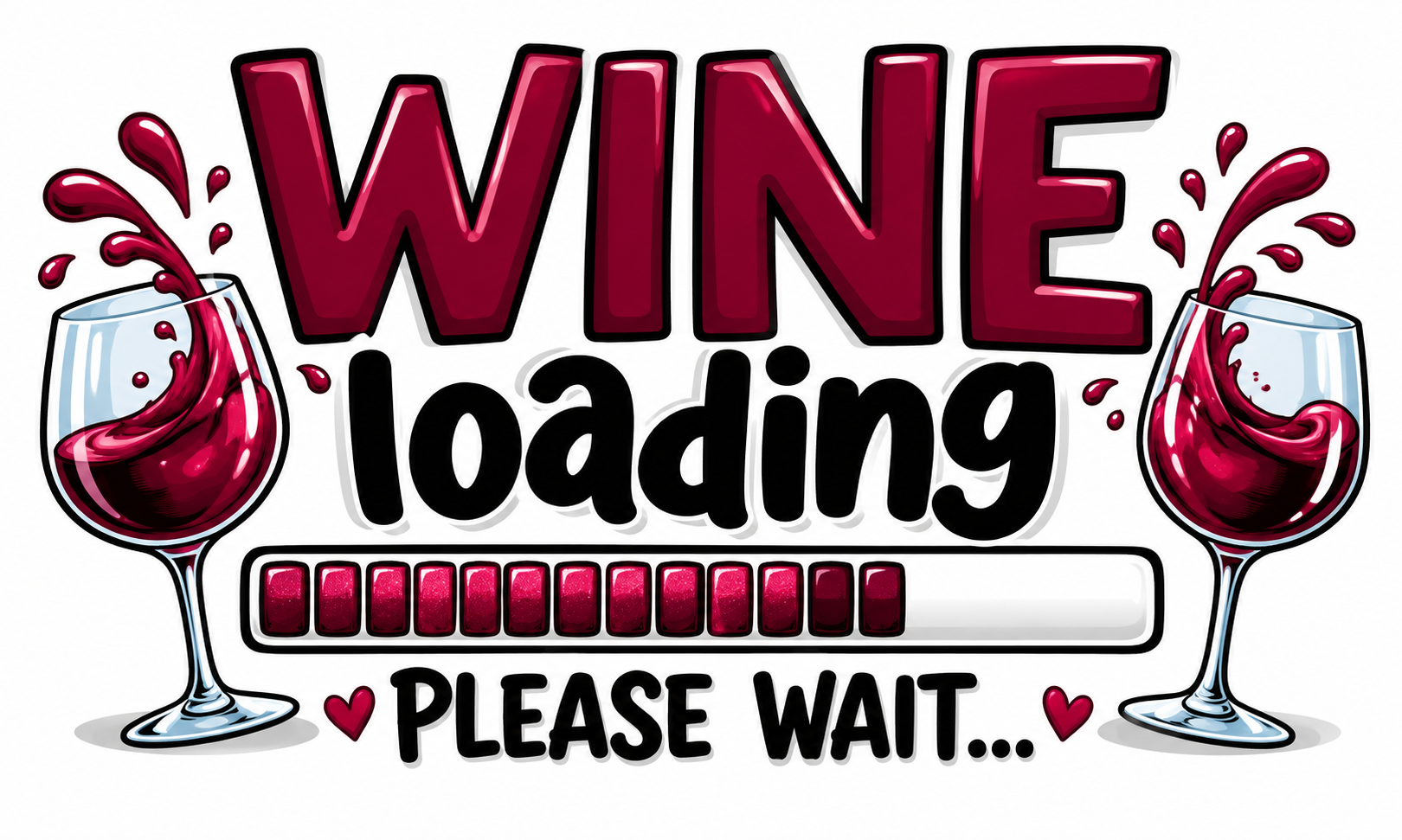 Two wine glasses around Wine Loading Please Wait lettering and a loading bar