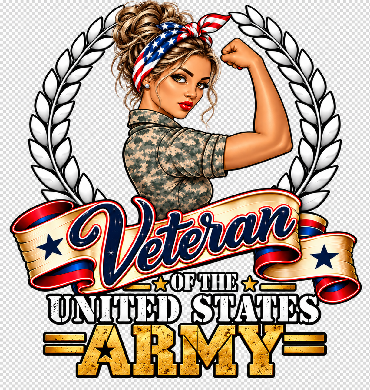 Army Woman Veteran — Design 1: woman with patriotic headscarf and veteran lettering