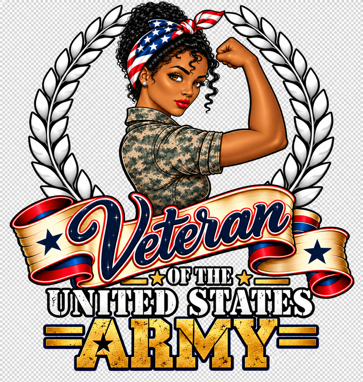 Army Woman Veteran — Design 2: woman with patriotic headscarf and veteran lettering