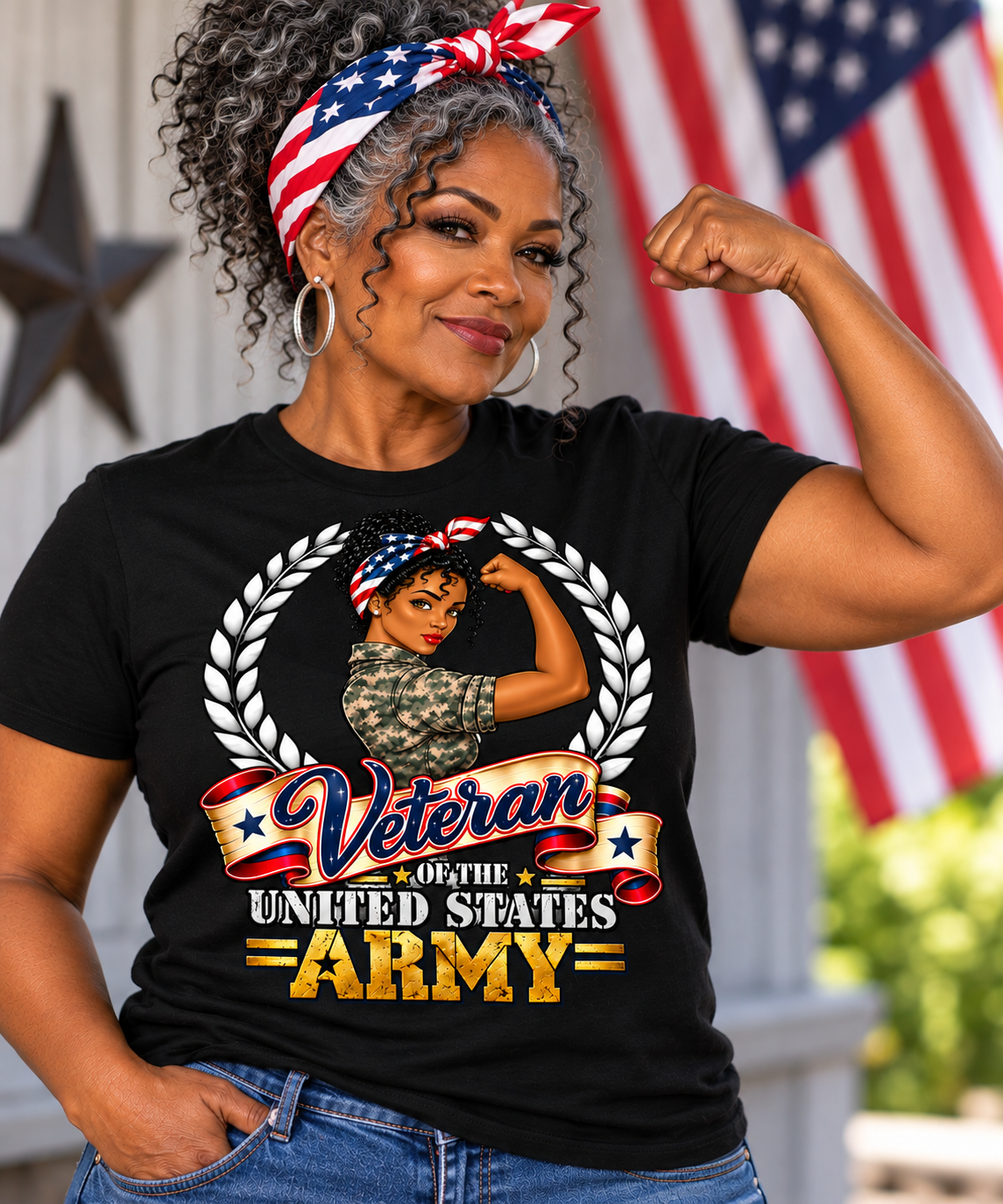 Proud woman wearing Bella’s Army Woman Veteran design on a black T-shirt