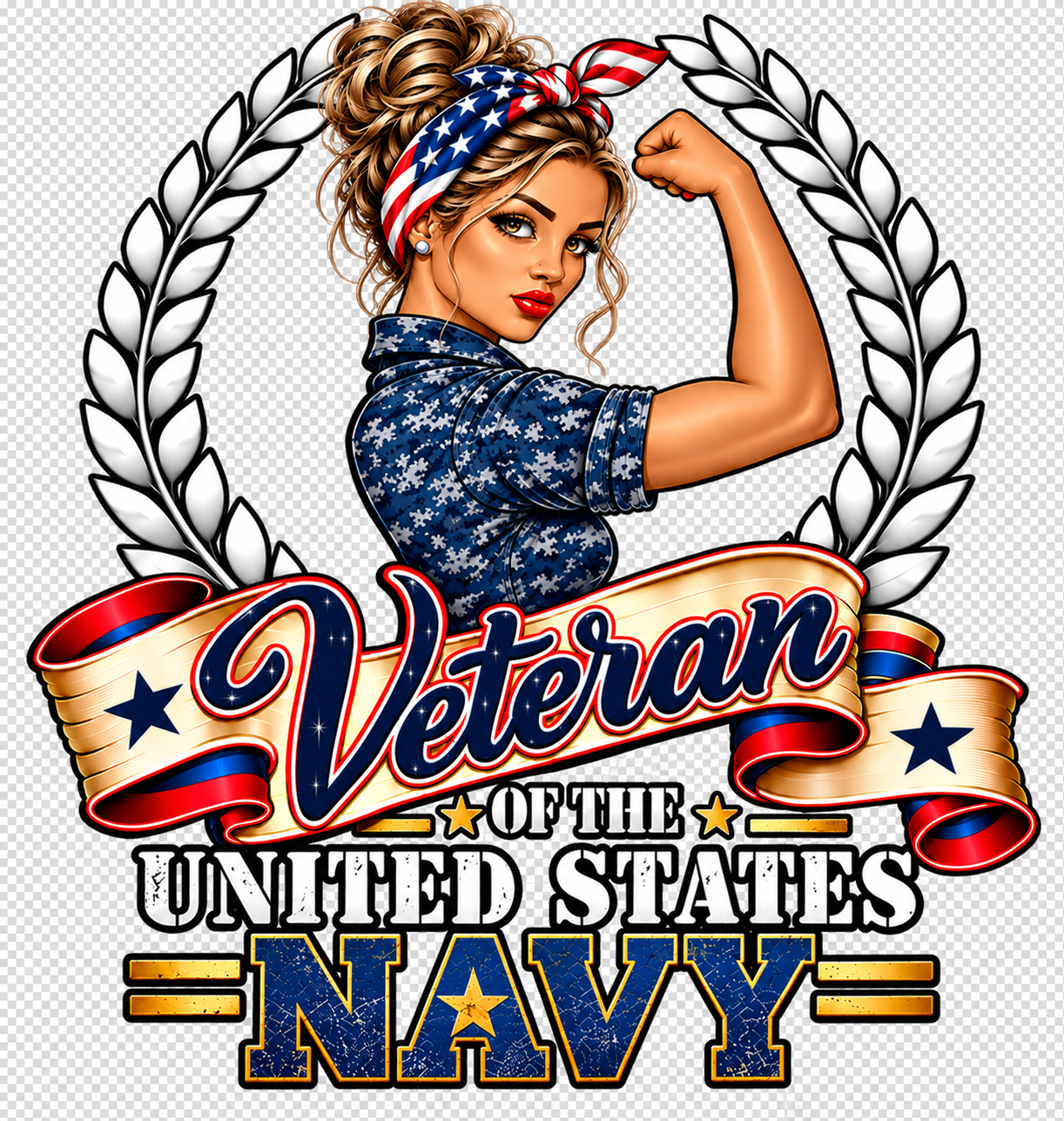 Navy Woman Veteran — Design 1: woman with patriotic headscarf and veteran lettering