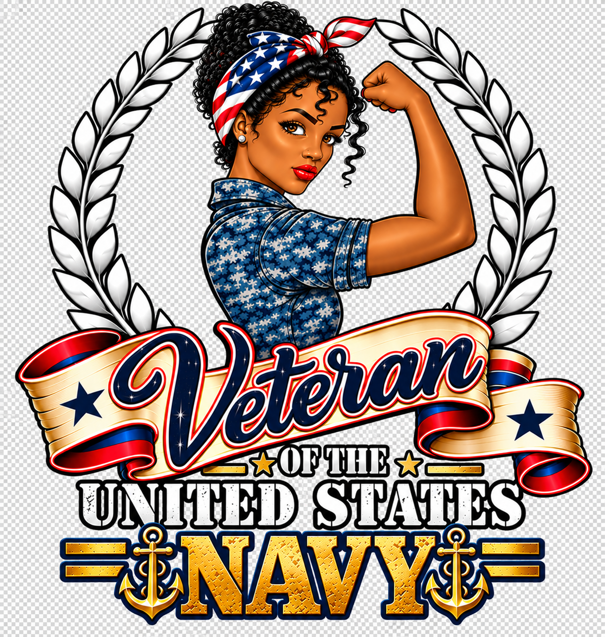 Navy Woman Veteran — Design 2: woman with patriotic headscarf and veteran lettering