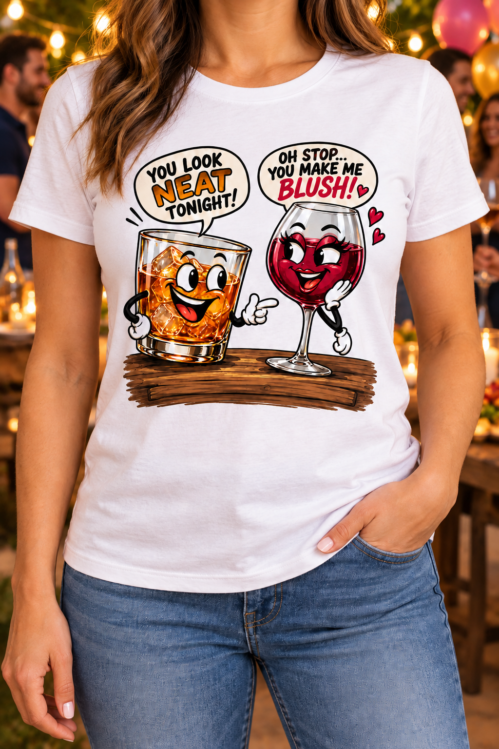 A woman wearing a white You Look Neat Tonight bourbon and wine T-shirt at a party